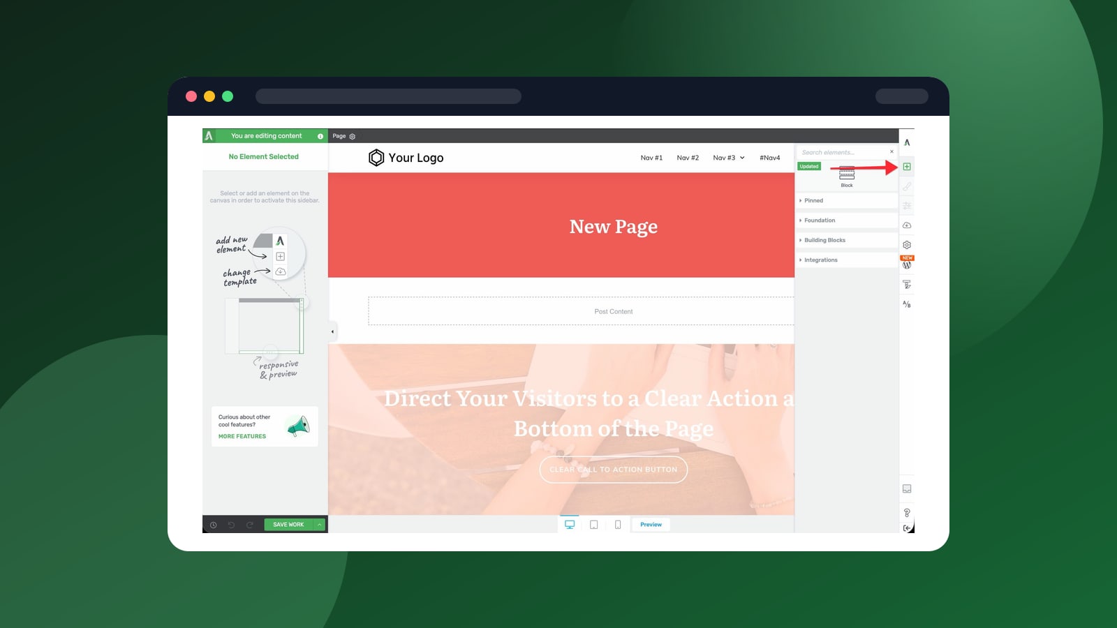 A conversion-focused website workflow with analytics and landing page previews.